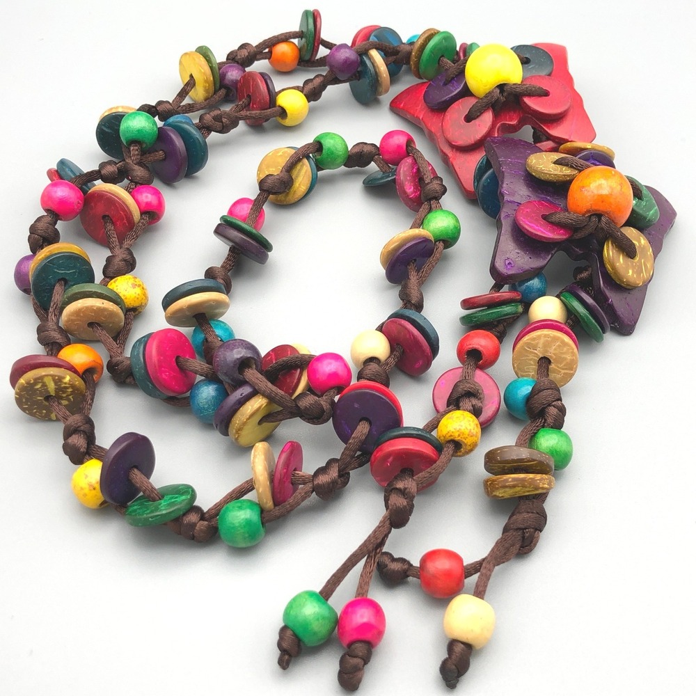 Vintage Multicolor Butterfly Tassel Necklace 30" Coconut Bead Boho Layering Cord - Picture 1 of 10